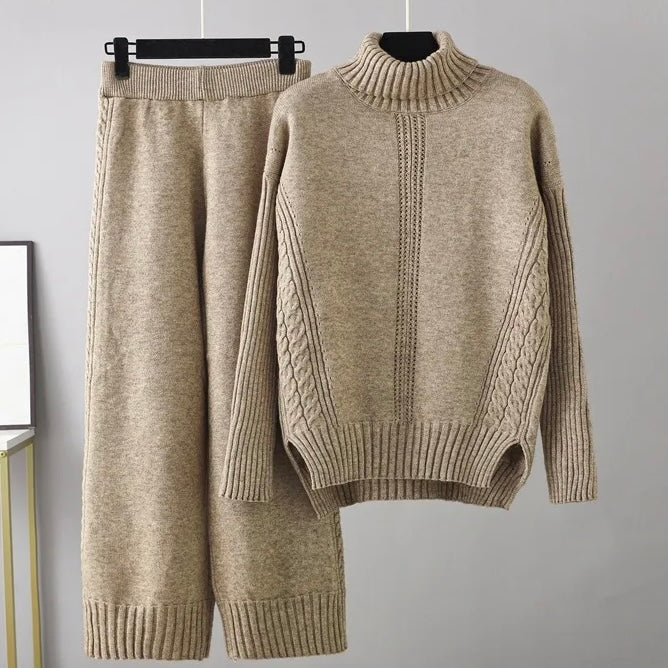 Cable-Knit Turtleneck Sweater + Pants Set