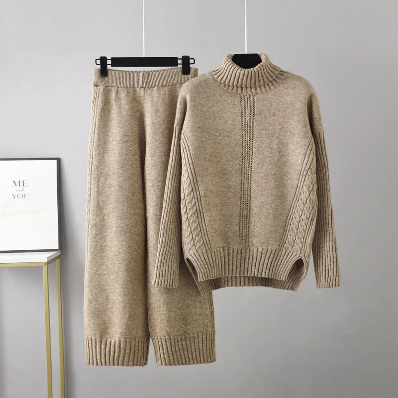 Cable-Knit Turtleneck Sweater + Pants Set