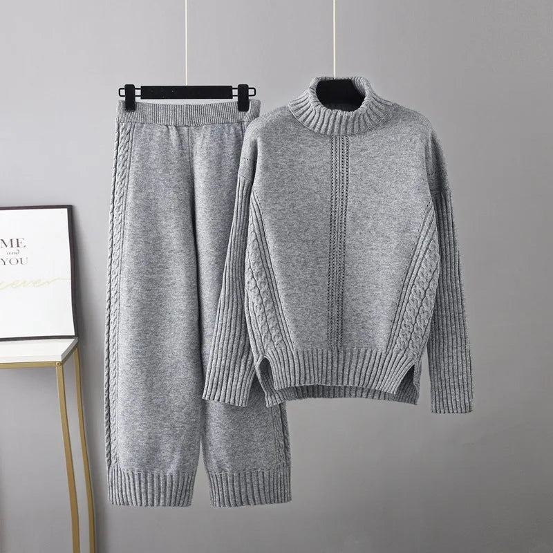 Cable-Knit Turtleneck Sweater + Pants Set